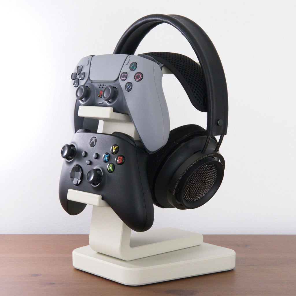 All-in-One Headset and Controller Gaming Stand with headsets and controllers organised tidily.