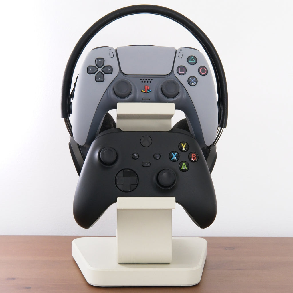 All-in-One Headset and Controller Gaming Stand with headsets and controllers organised tidily front view.