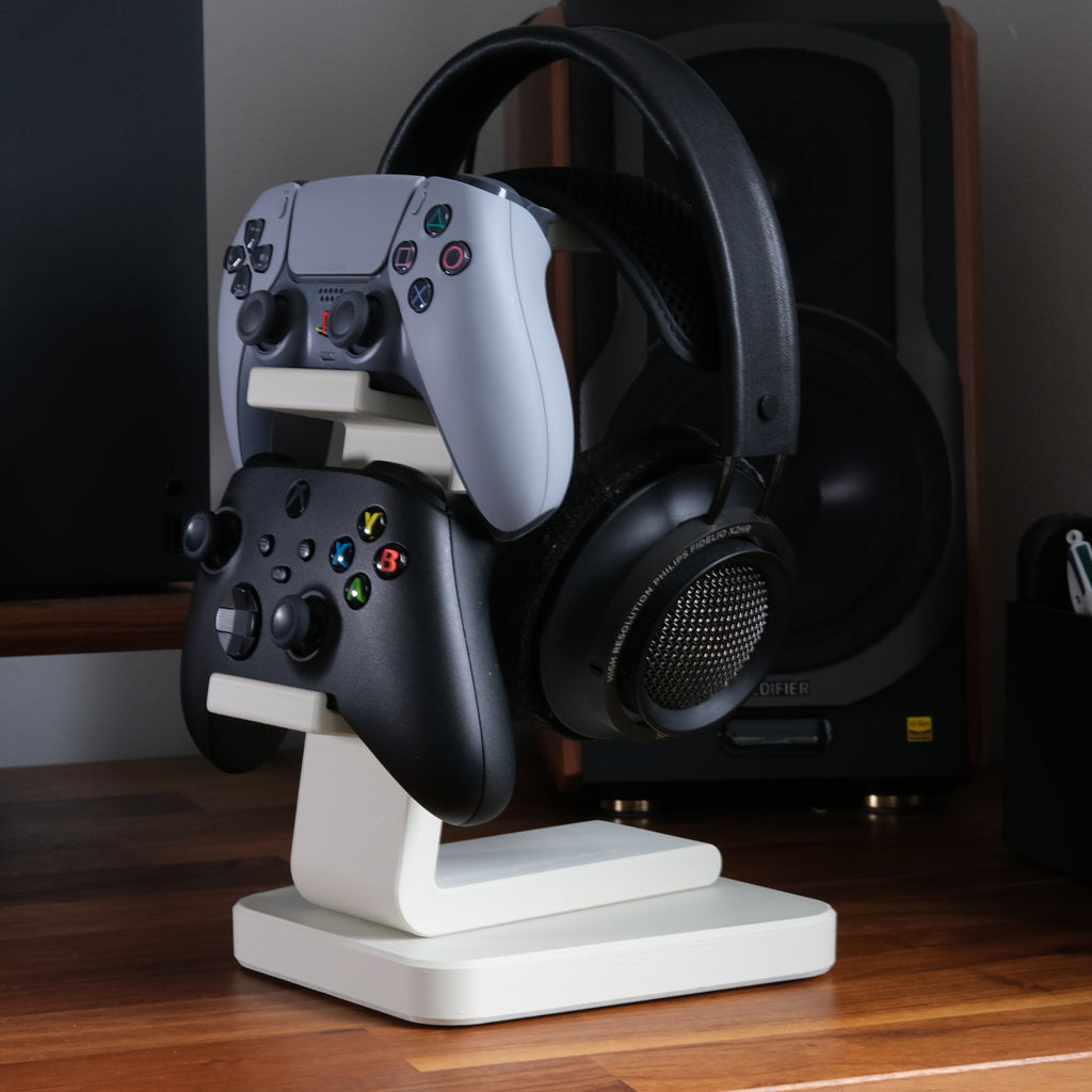 All-in-One Headset and Controller Gaming Stand with headsets and controllers organised tidily.